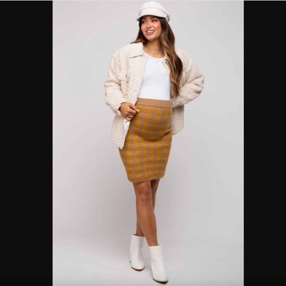 Pinkblush Hem & Thread Camel Plaid Fuzzy Knit Fitted Maternity Skirt S NWT
